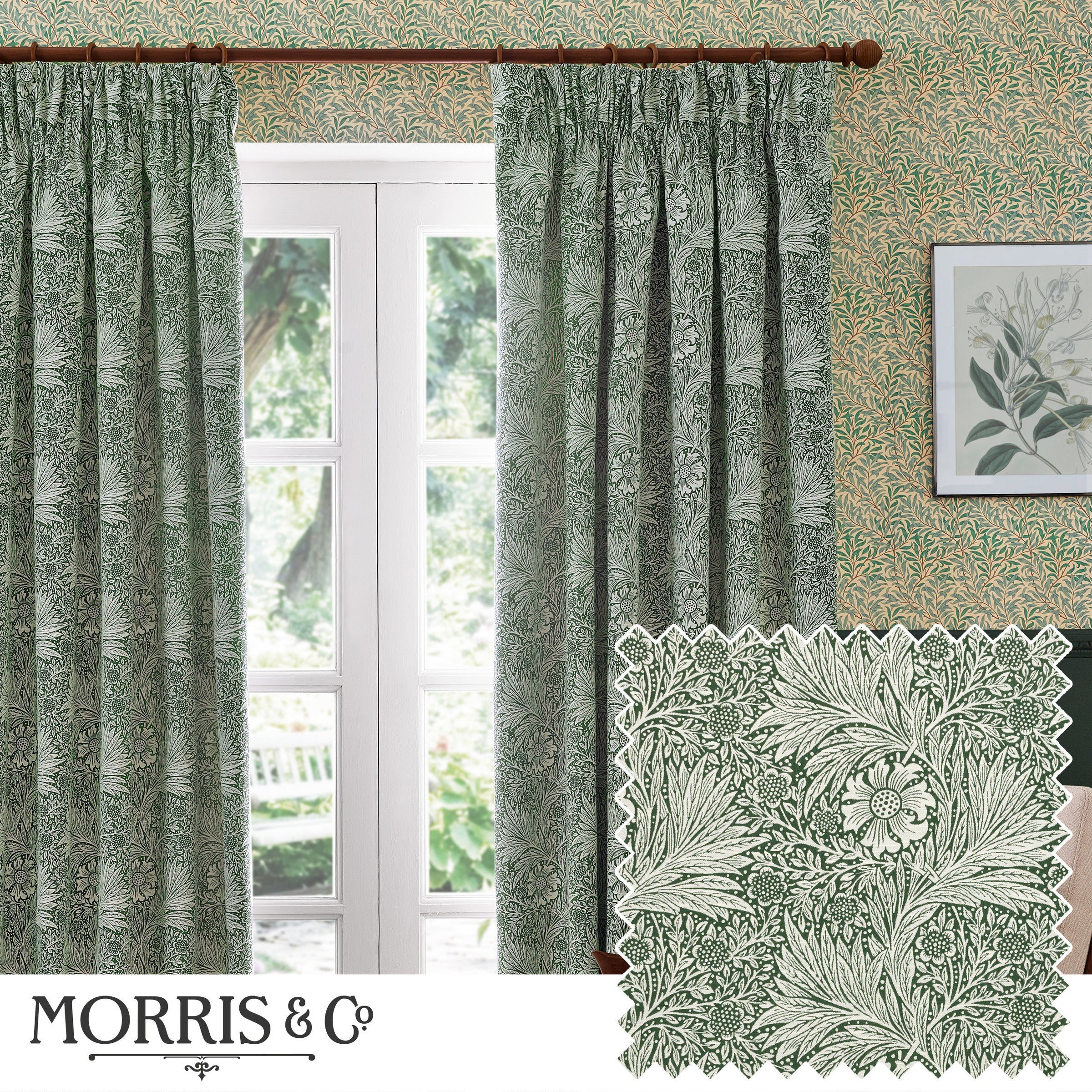 Marigold Floral Jacquard Pencil Pleat Curtains - Leaf Green