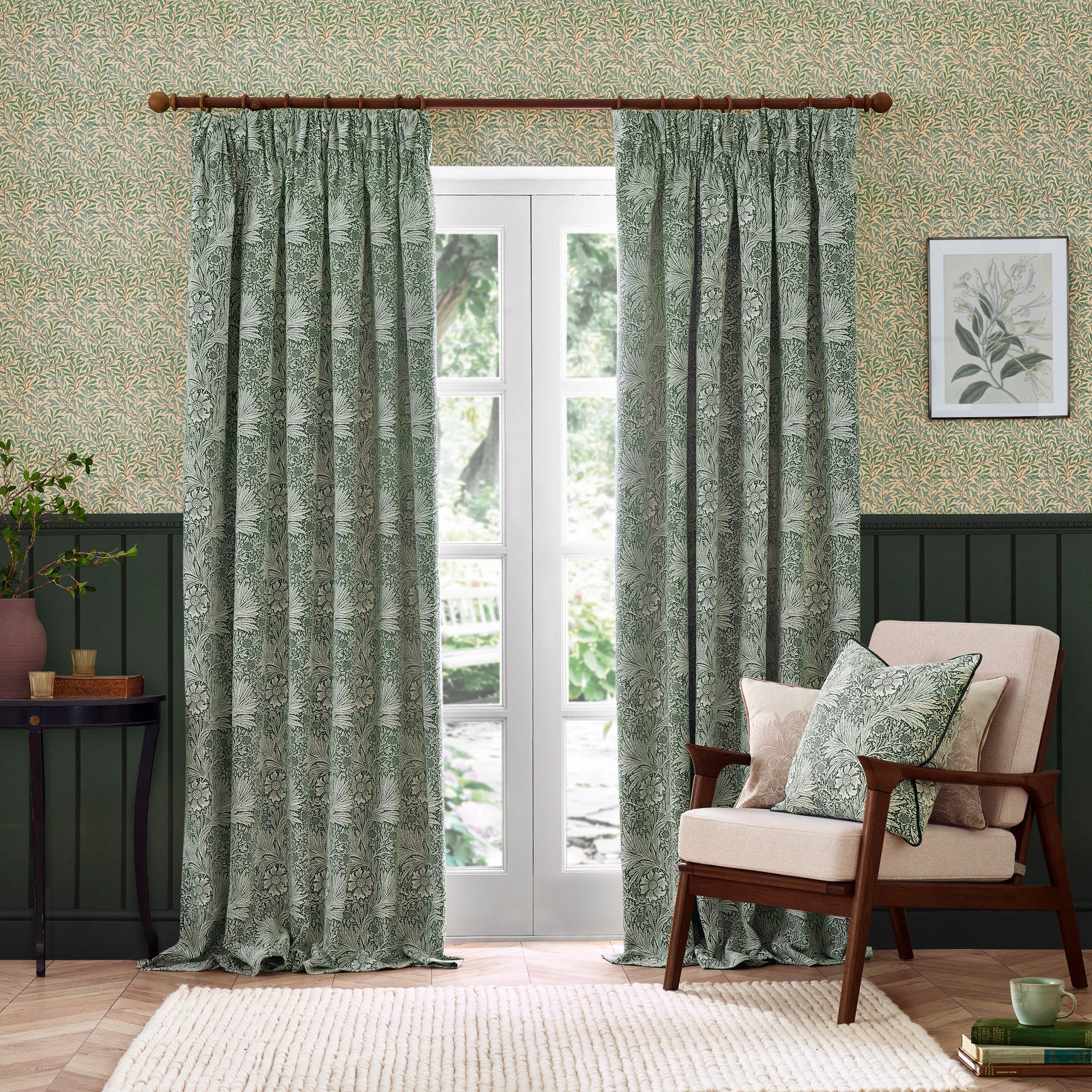 Marigold Floral Jacquard Pencil Pleat Curtains - Leaf Green