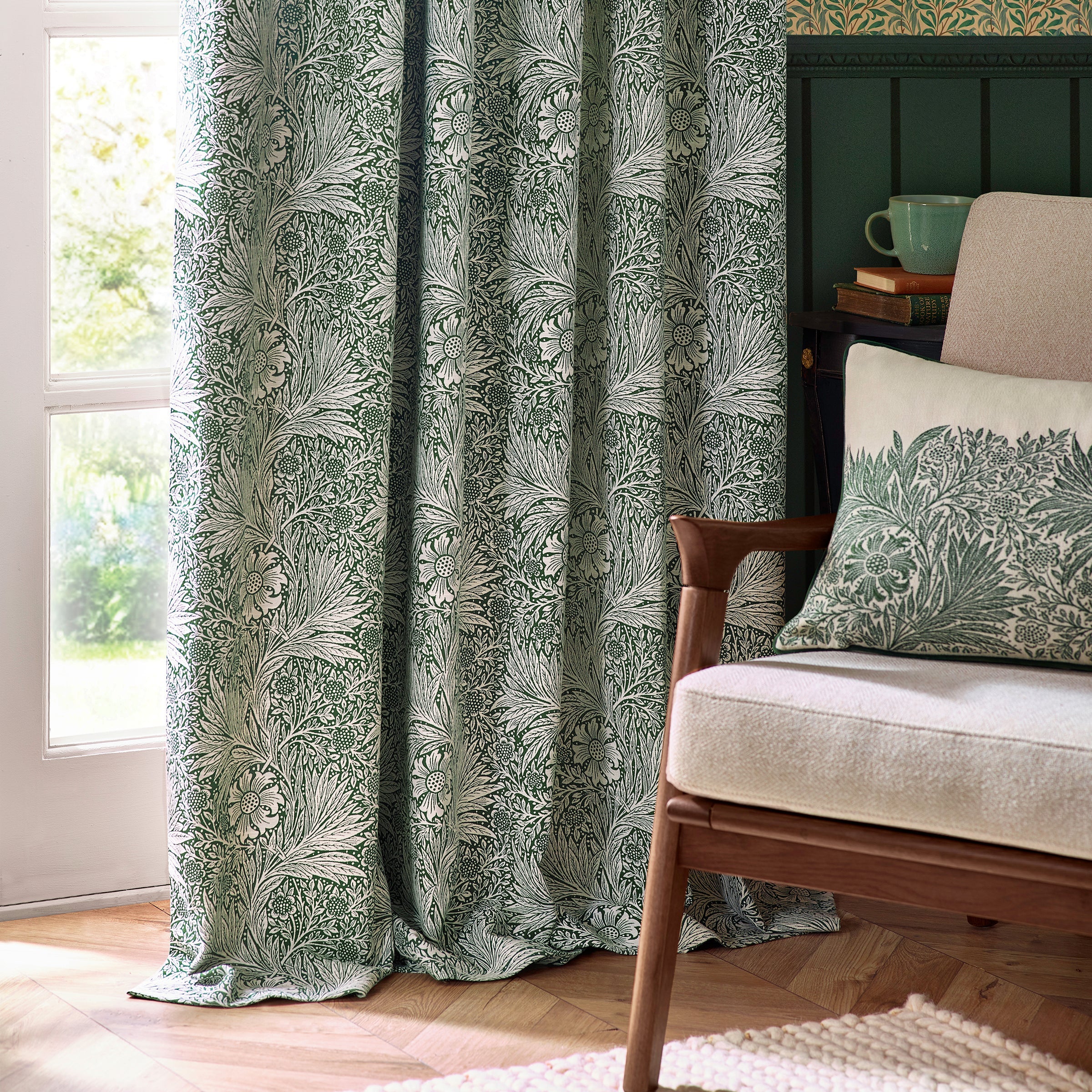 Marigold Floral Jacquard Pencil Pleat Curtains - Leaf Green