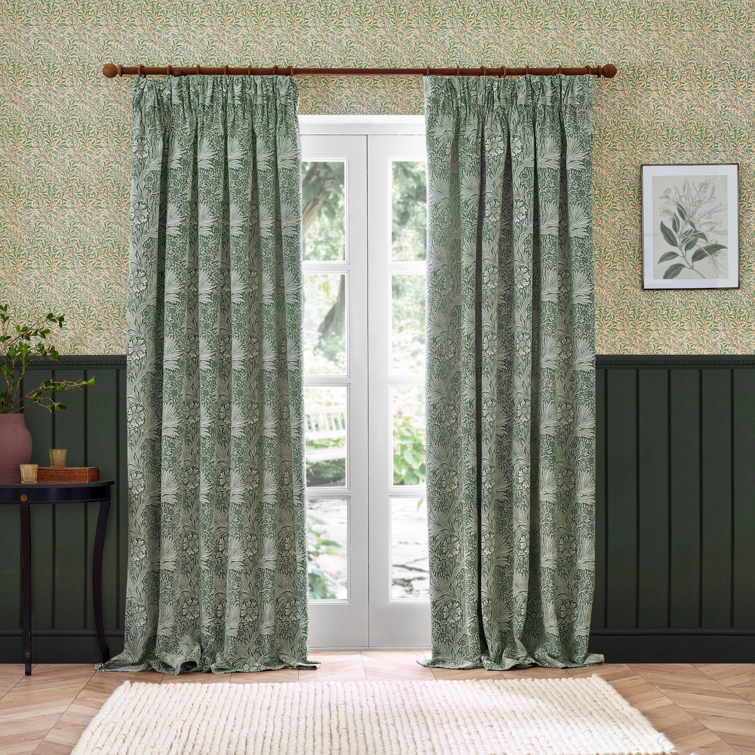 Marigold Floral Jacquard Pencil Pleat Curtains - Leaf Green