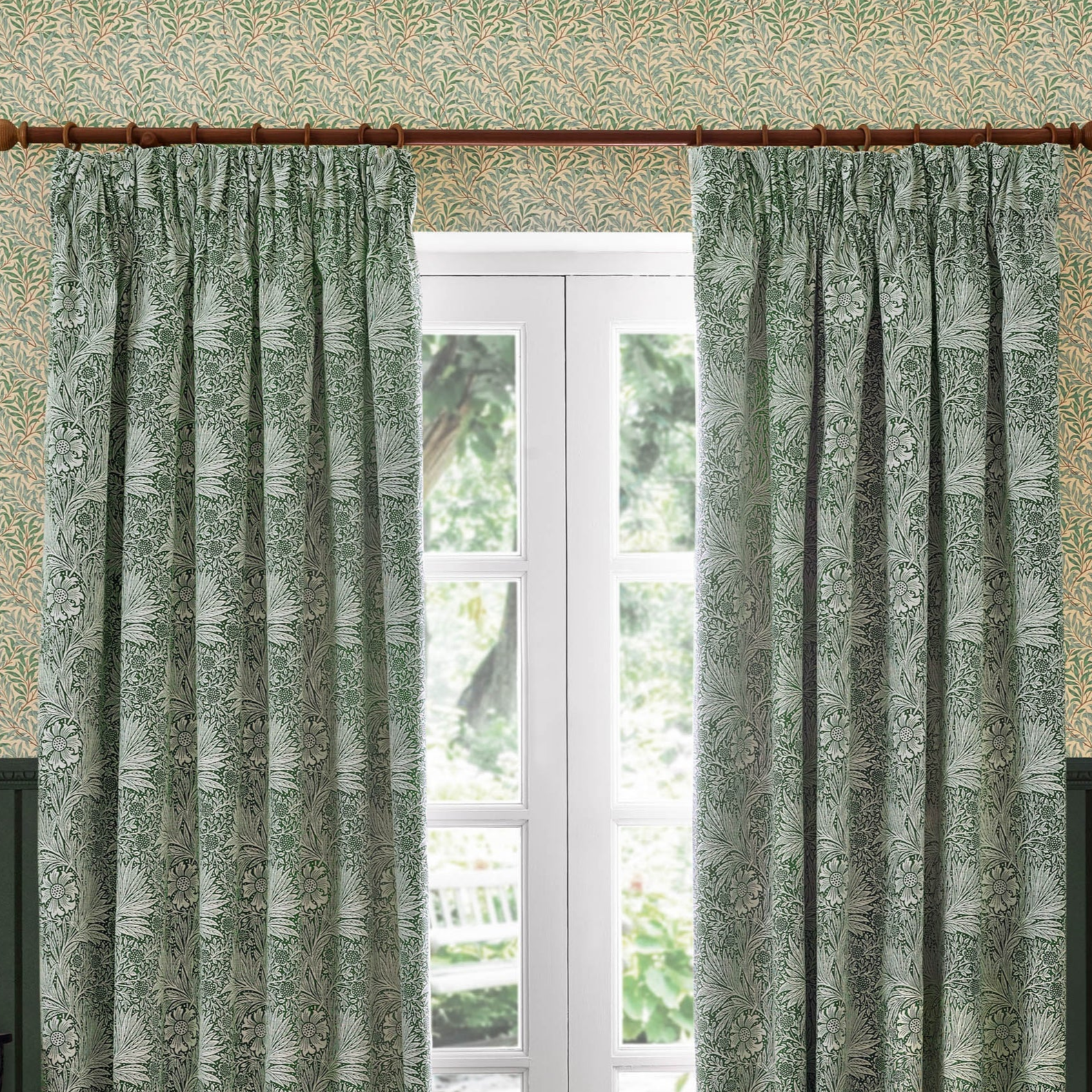 Marigold Floral Jacquard Pencil Pleat Curtains - Leaf Green