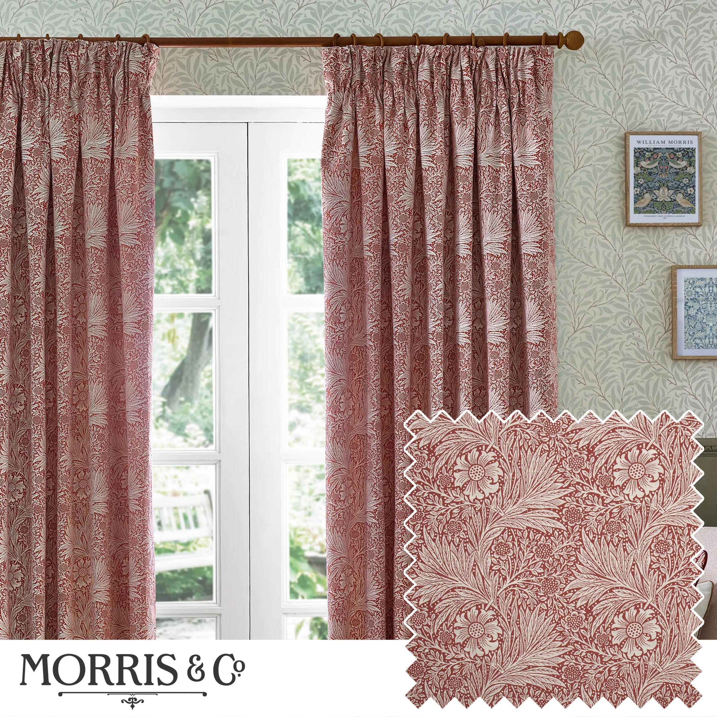 Marigold Floral Jacquard Pencil Pleat Curtains - Russet