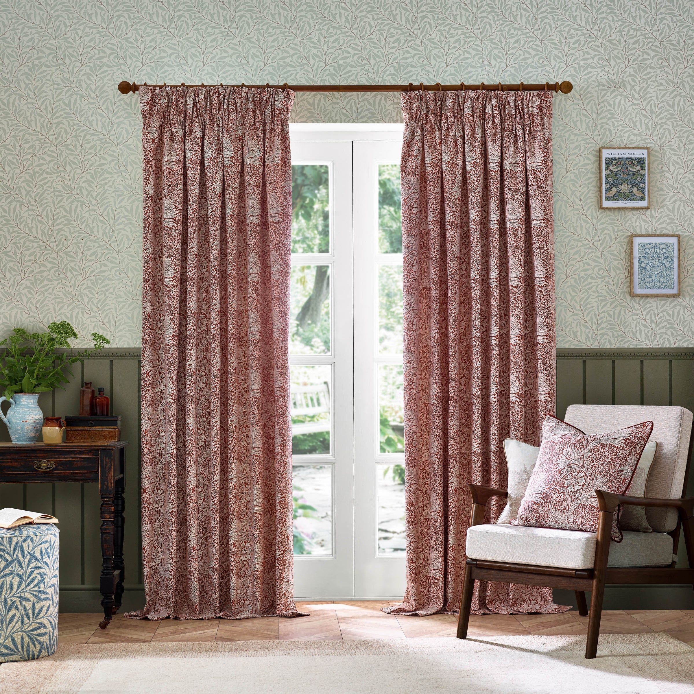 Marigold Floral Jacquard Pencil Pleat Curtains - Russet