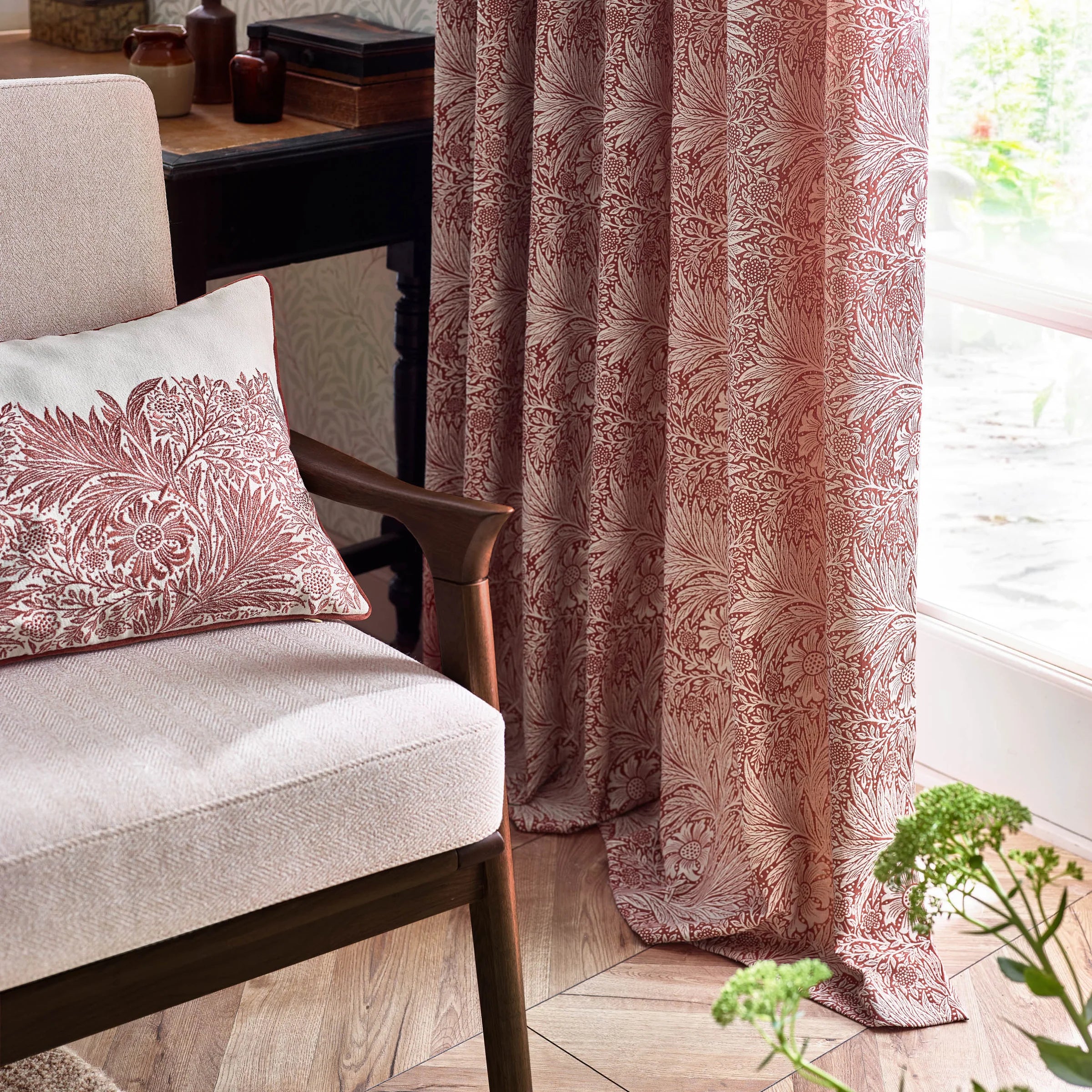 Marigold Floral Jacquard Pencil Pleat Curtains - Russet