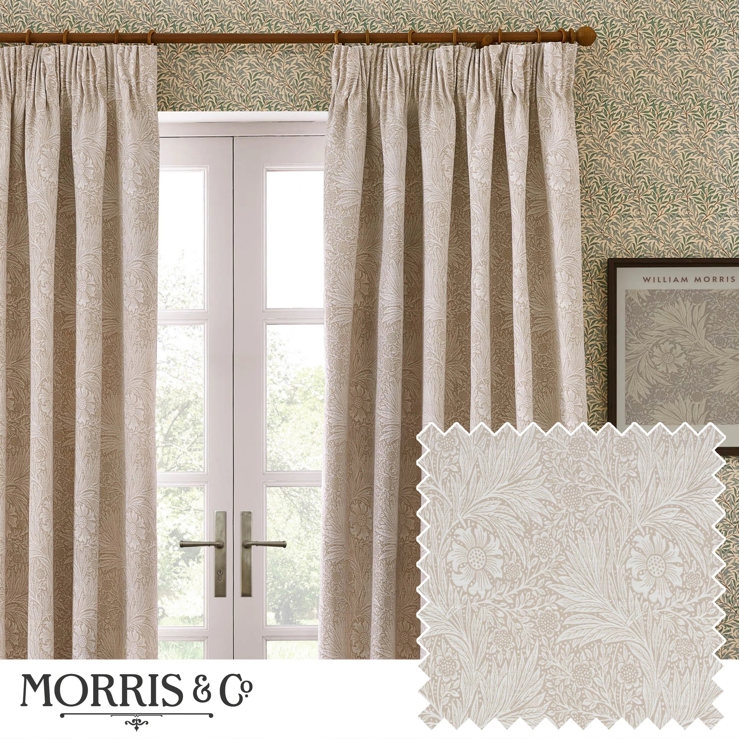 Marigold Floral Jacquard Pencil Pleat Curtains - Stone