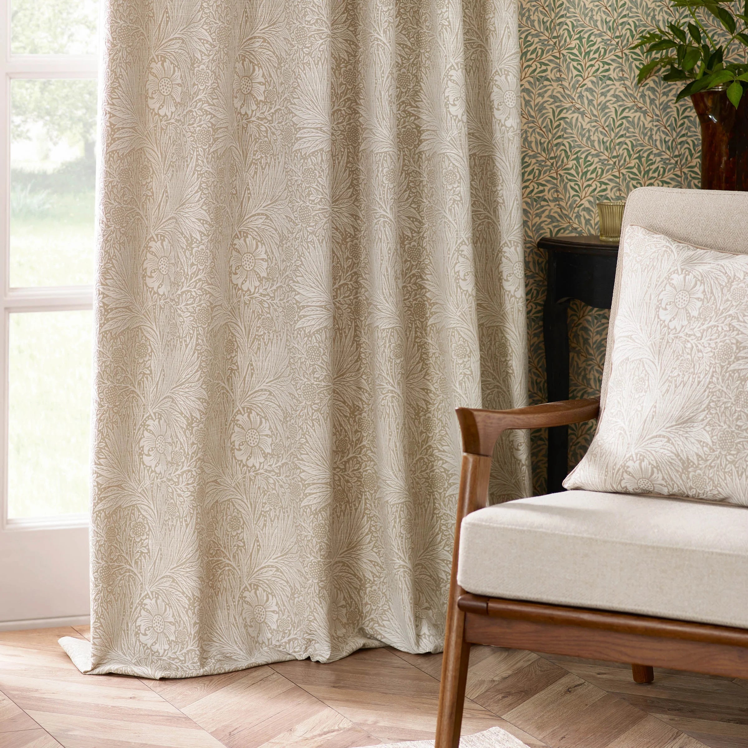 Marigold Floral Jacquard Pencil Pleat Curtains - Stone