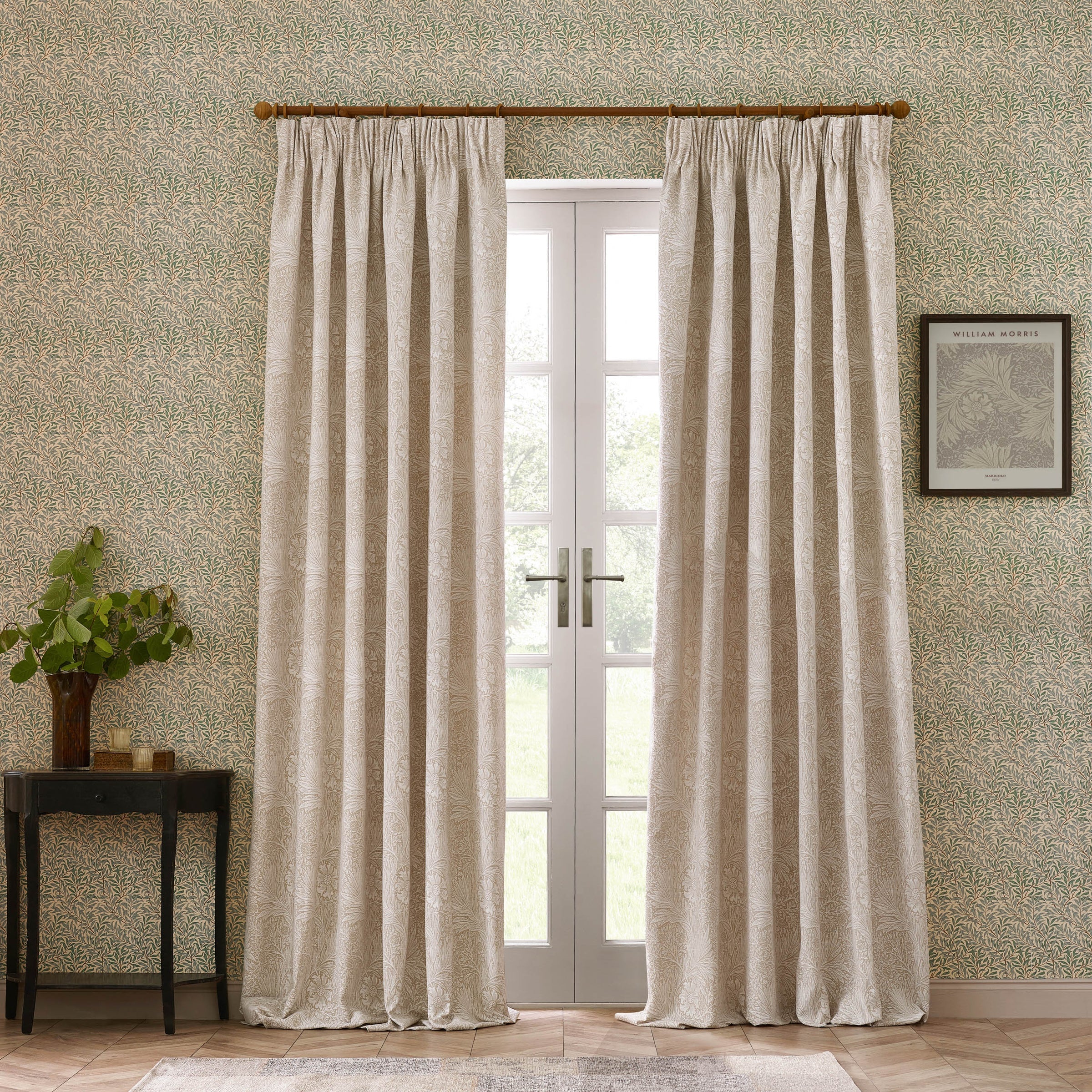 Marigold Floral Jacquard Pencil Pleat Curtains - Stone