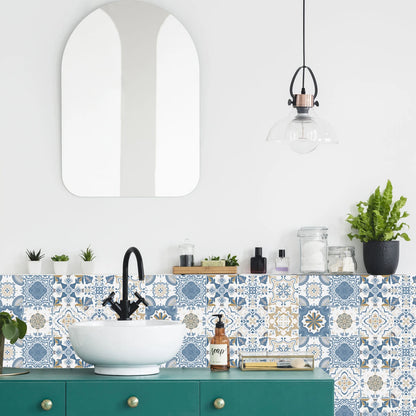 Blue and white tile stickers along a bathroom vanity