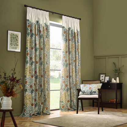 Seaweed Printed Velvet Pencil Pleat Curtains Stone/Sunflower