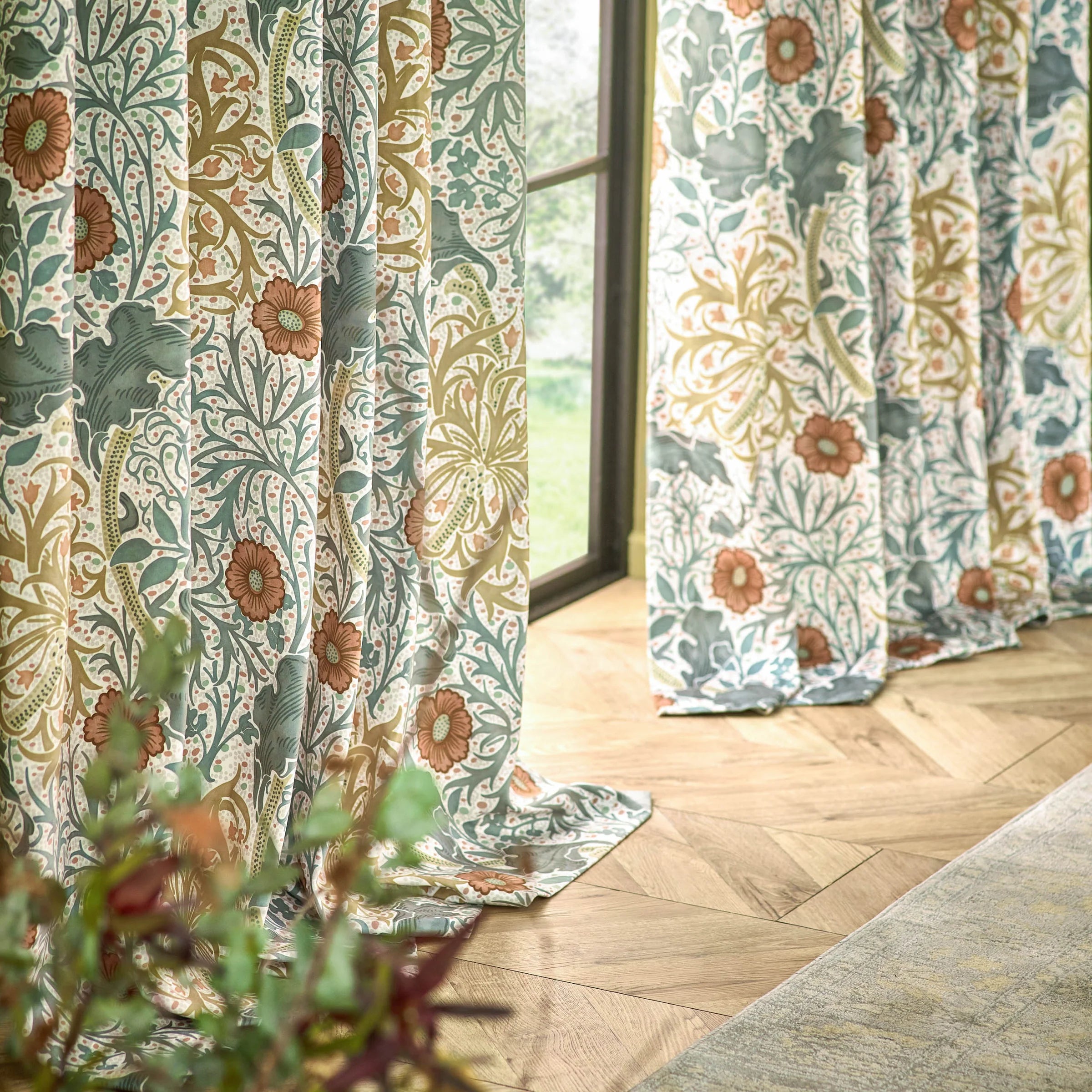 Seaweed Printed Velvet Pencil Pleat Curtains Stone/Sunflower