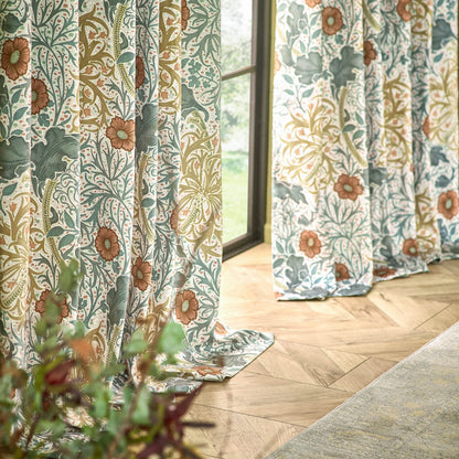 Seaweed Printed Velvet Pencil Pleat Curtains Stone/Sunflower