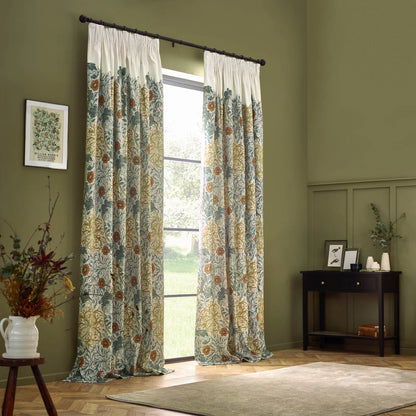 Seaweed Printed Velvet Pencil Pleat Curtains Stone/Sunflower