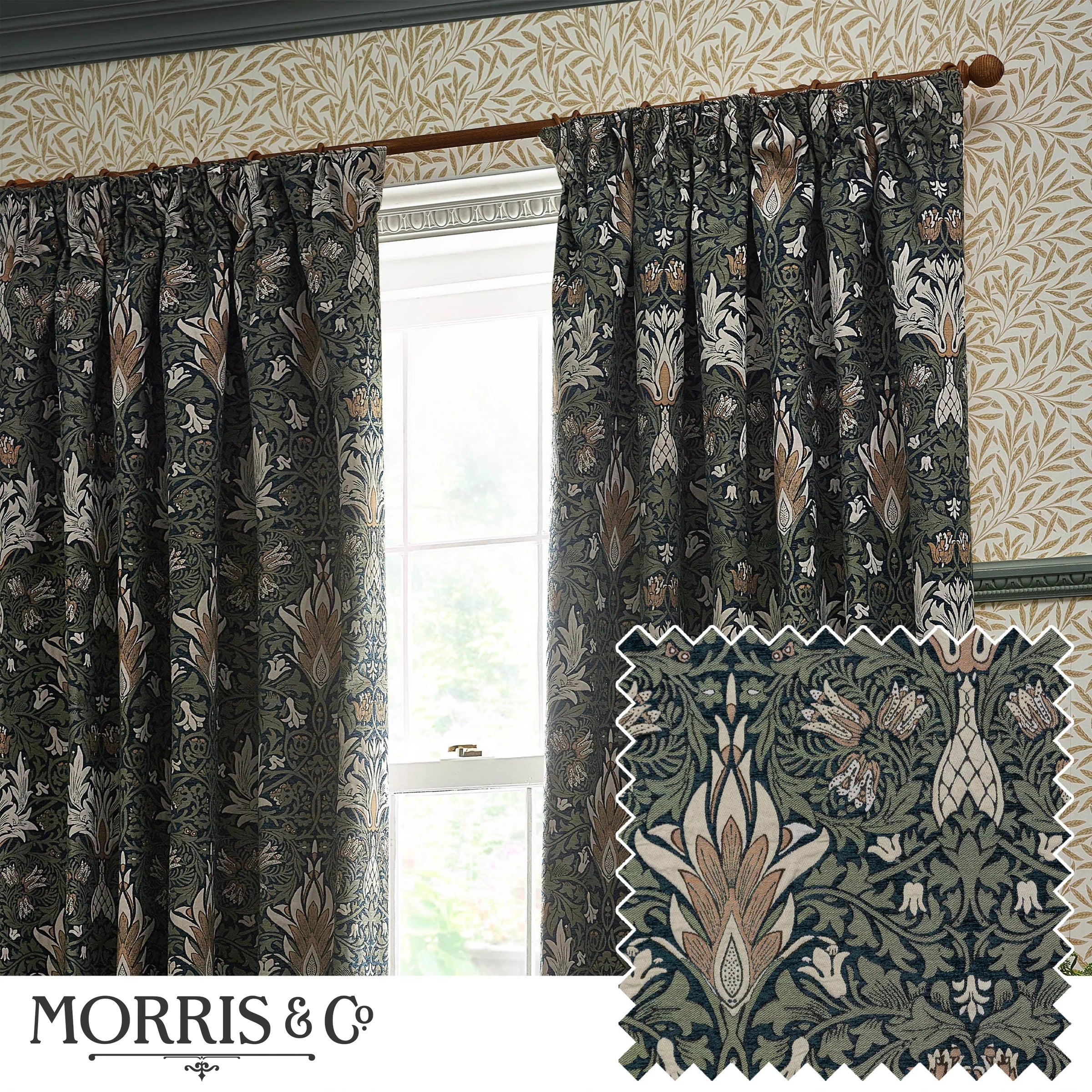 Snakeshead Jacquard Chenille Pencil Pleat Curtains - Indigo/Leaf