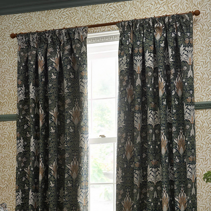 Snakeshead Jacquard Chenille Pencil Pleat Curtains - Indigo/Leaf