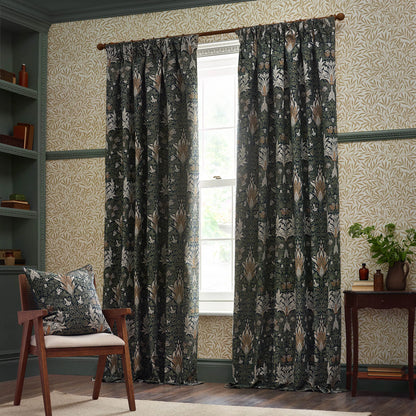 Snakeshead Jacquard Chenille Pencil Pleat Curtains - Indigo/Leaf