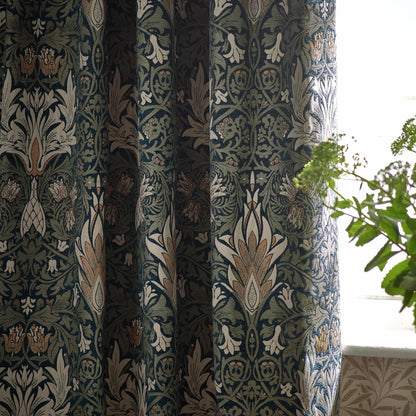 Snakeshead Jacquard Chenille Pencil Pleat Curtains - Indigo/Leaf