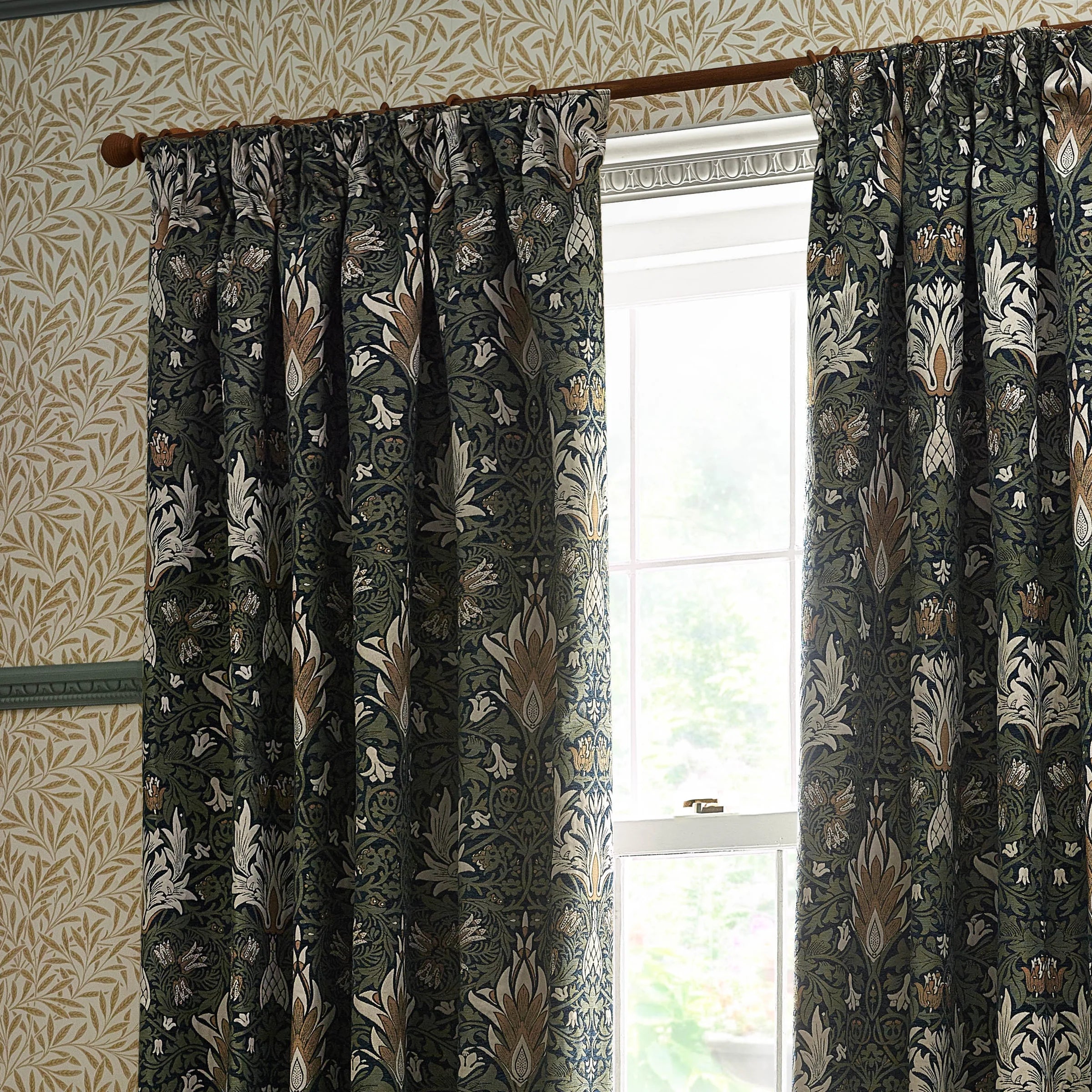 Snakeshead Jacquard Chenille Pencil Pleat Curtains - Indigo/Leaf