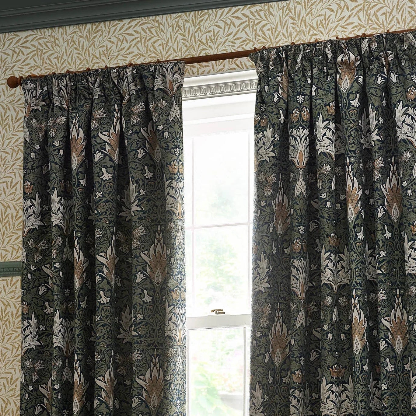 Snakeshead Jacquard Chenille Pencil Pleat Curtains - Indigo/Leaf