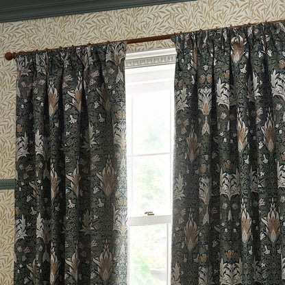Snakeshead Jacquard Chenille Pencil Pleat Curtains - Indigo/Leaf