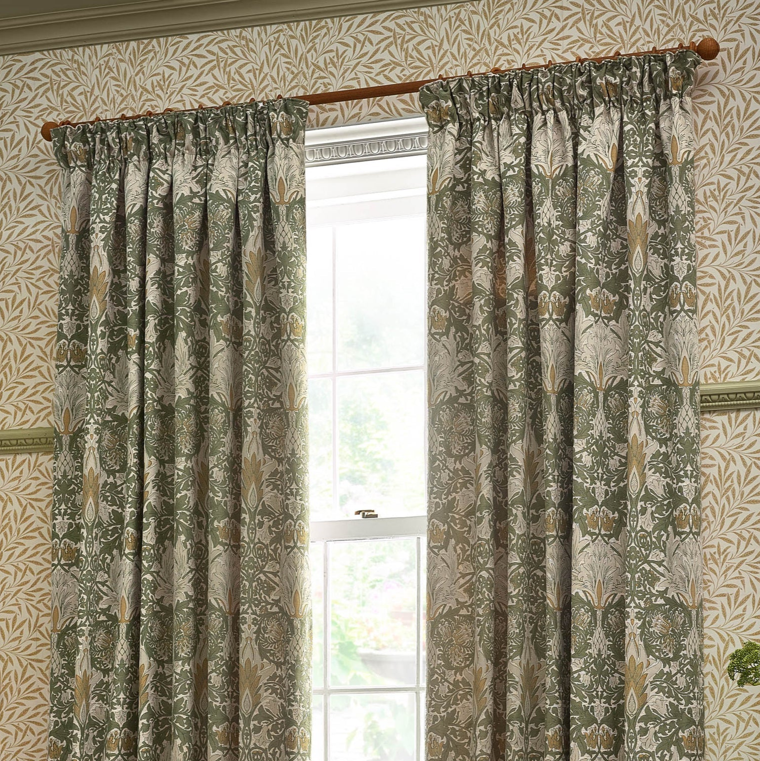 Snakeshead Jacquard Chenille Pencil Pleat Curtains - Sunflower/Stone