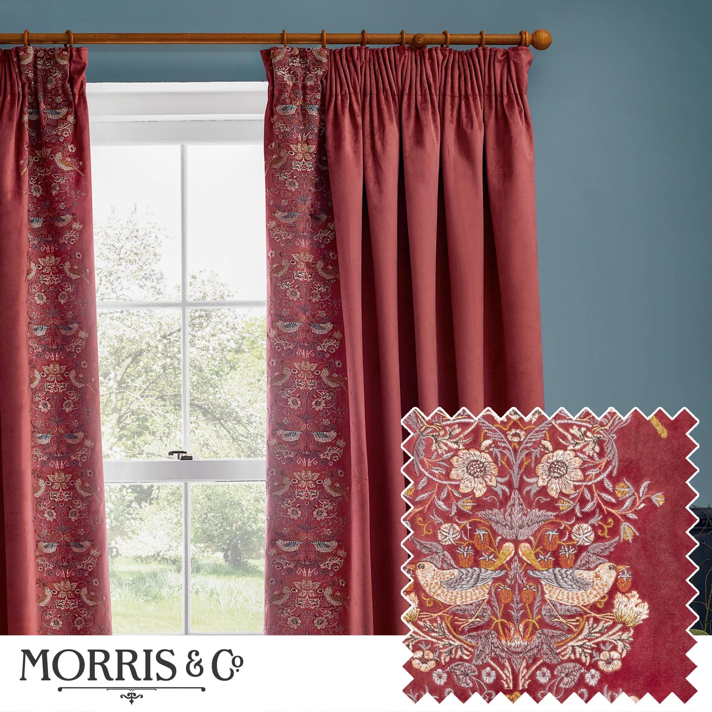 Strawberry Thief Embroidered Floral Velvet Pencil Pleat Curtains - Berry