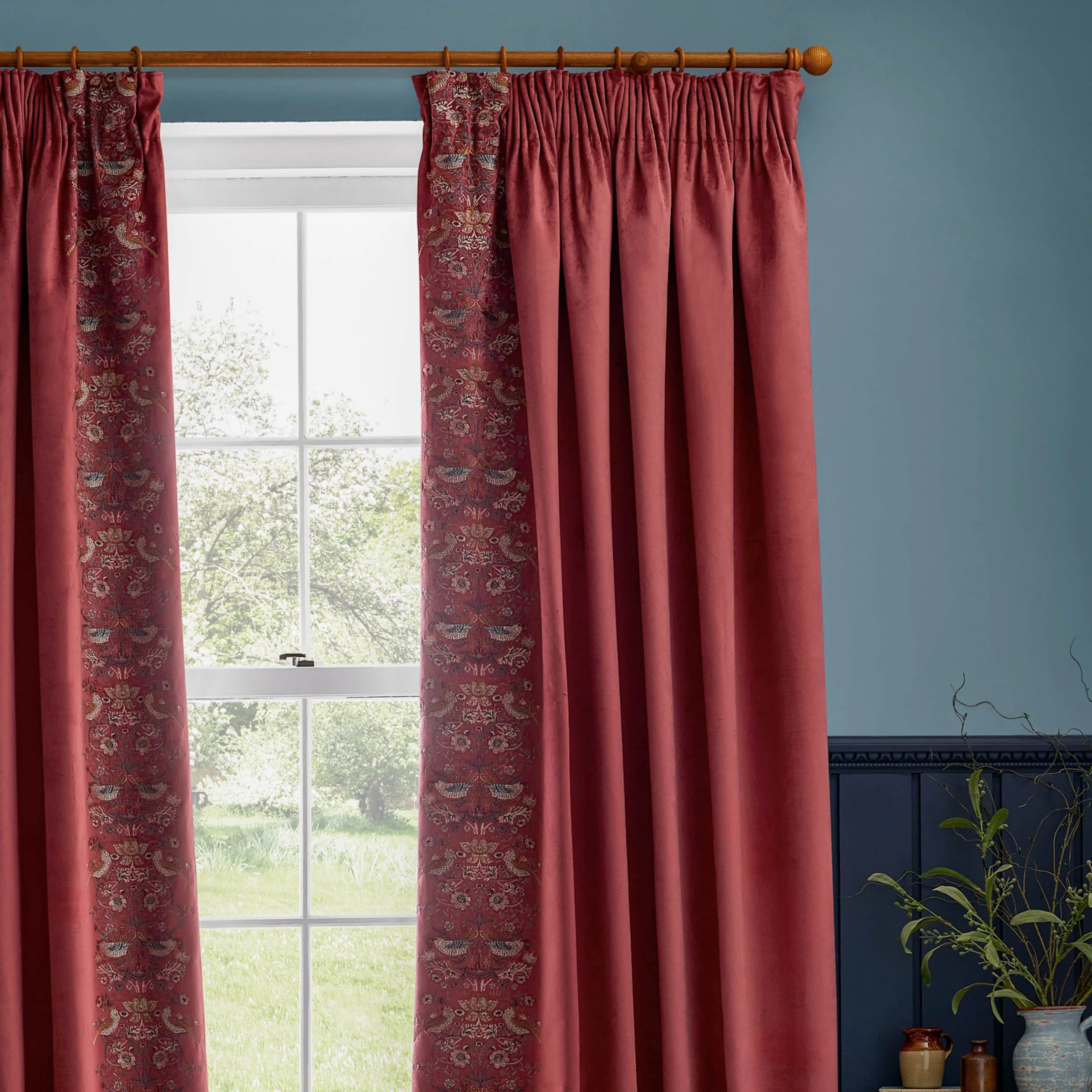 Strawberry Thief Embroidered Floral Velvet Pencil Pleat Curtains - Berry