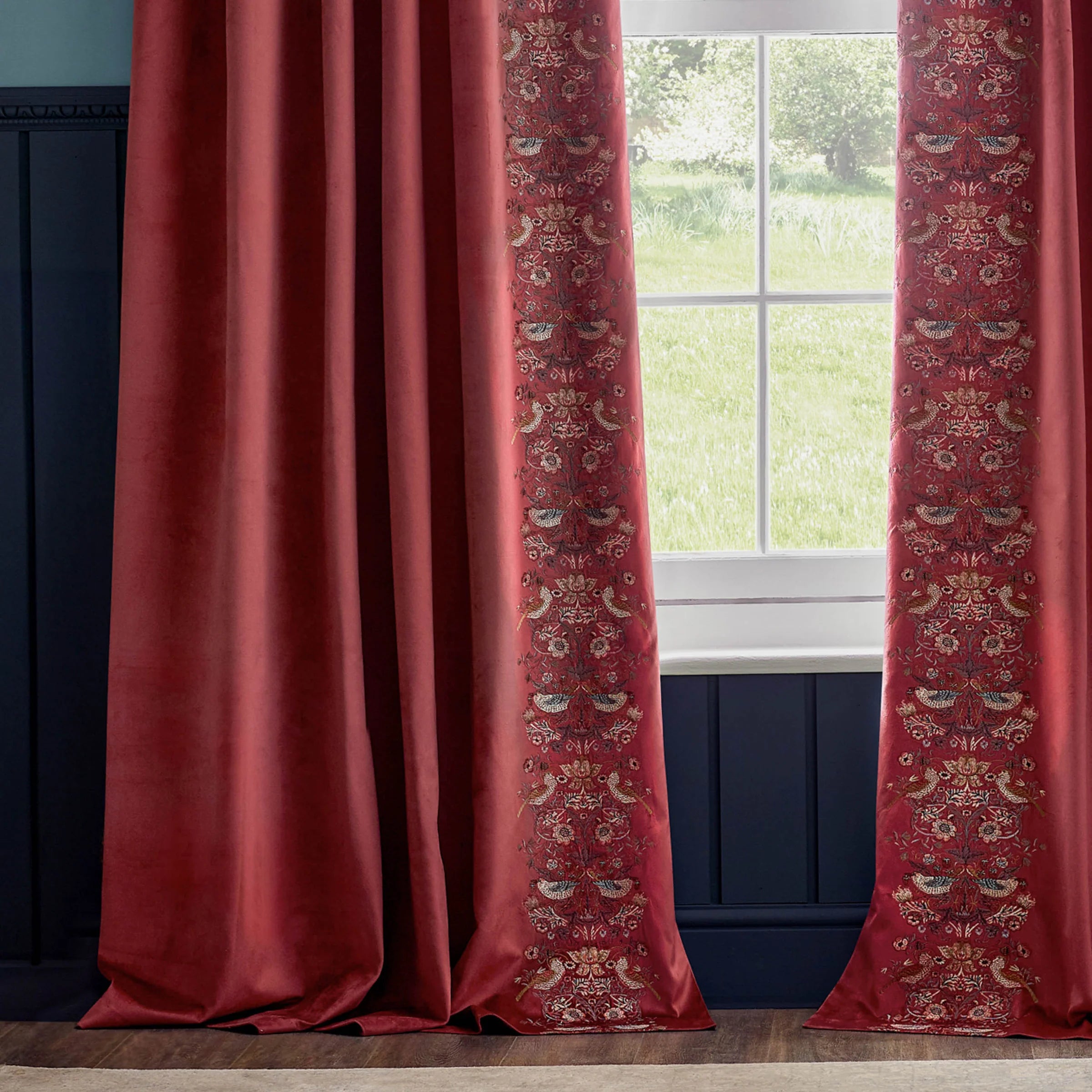 Strawberry Thief Embroidered Floral Velvet Pencil Pleat Curtains - Berry