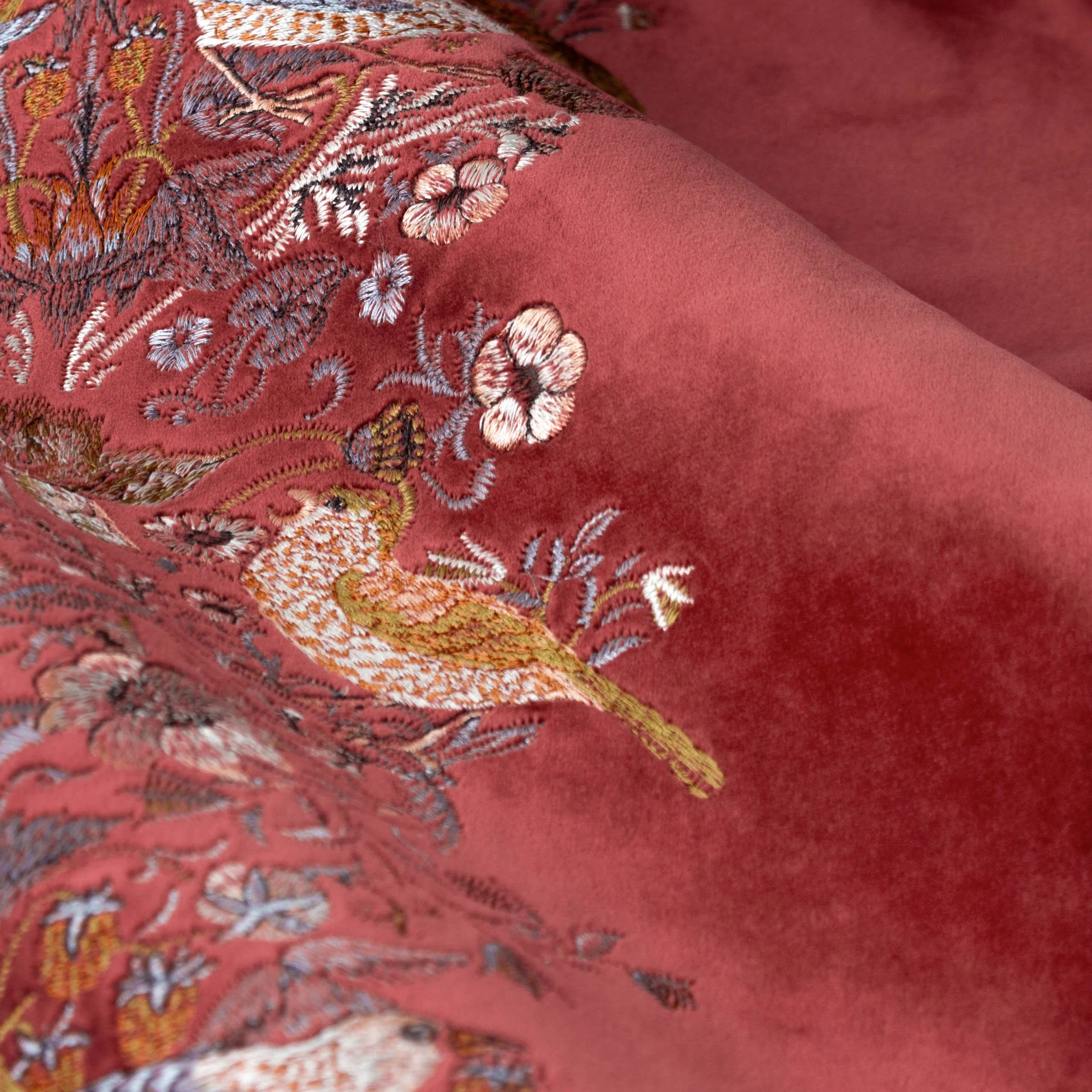 Strawberry Thief Embroidered Floral Velvet Pencil Pleat Curtains - Berry