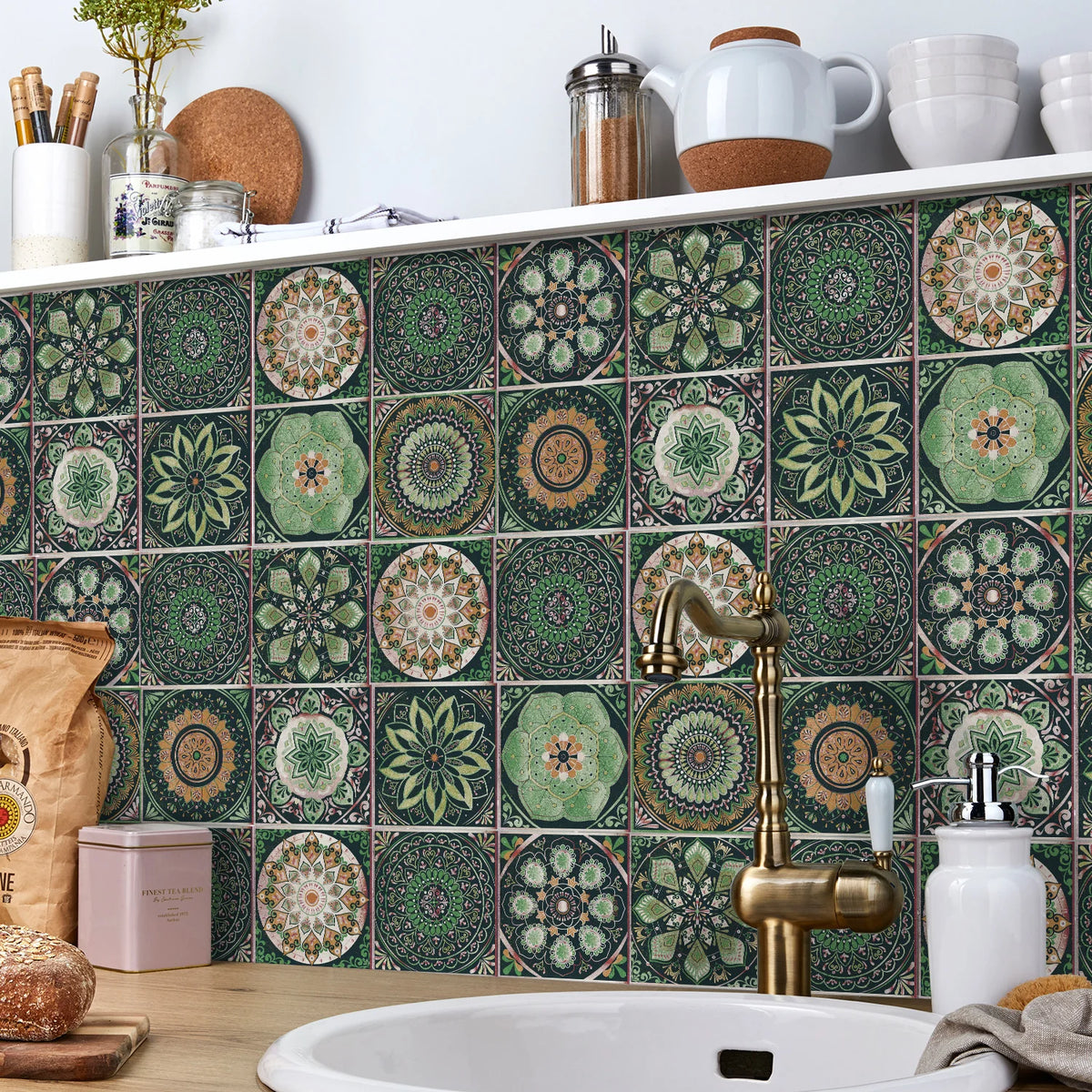 Emerald Moroccan tile stickers on a kitchen backsplash