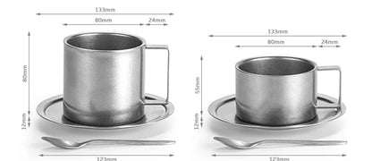 Taza de café de acero inoxidable con platillo y cuchara a juego