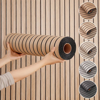 Roll of peel and stick wood slat wall panel held against a slat wall