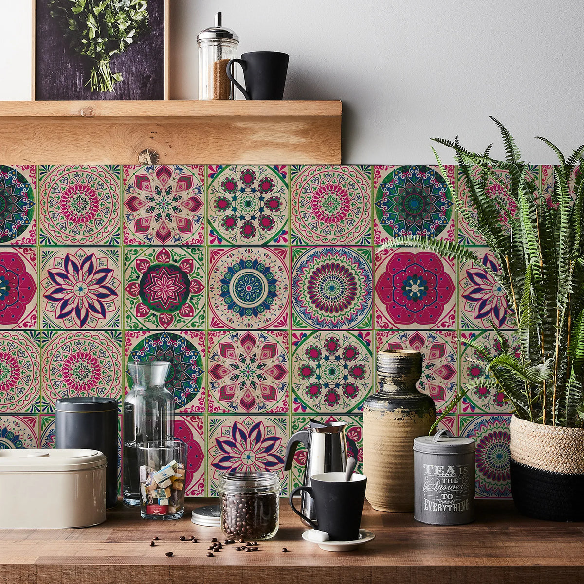 Rose Garden tile stickers on a kitchen wall