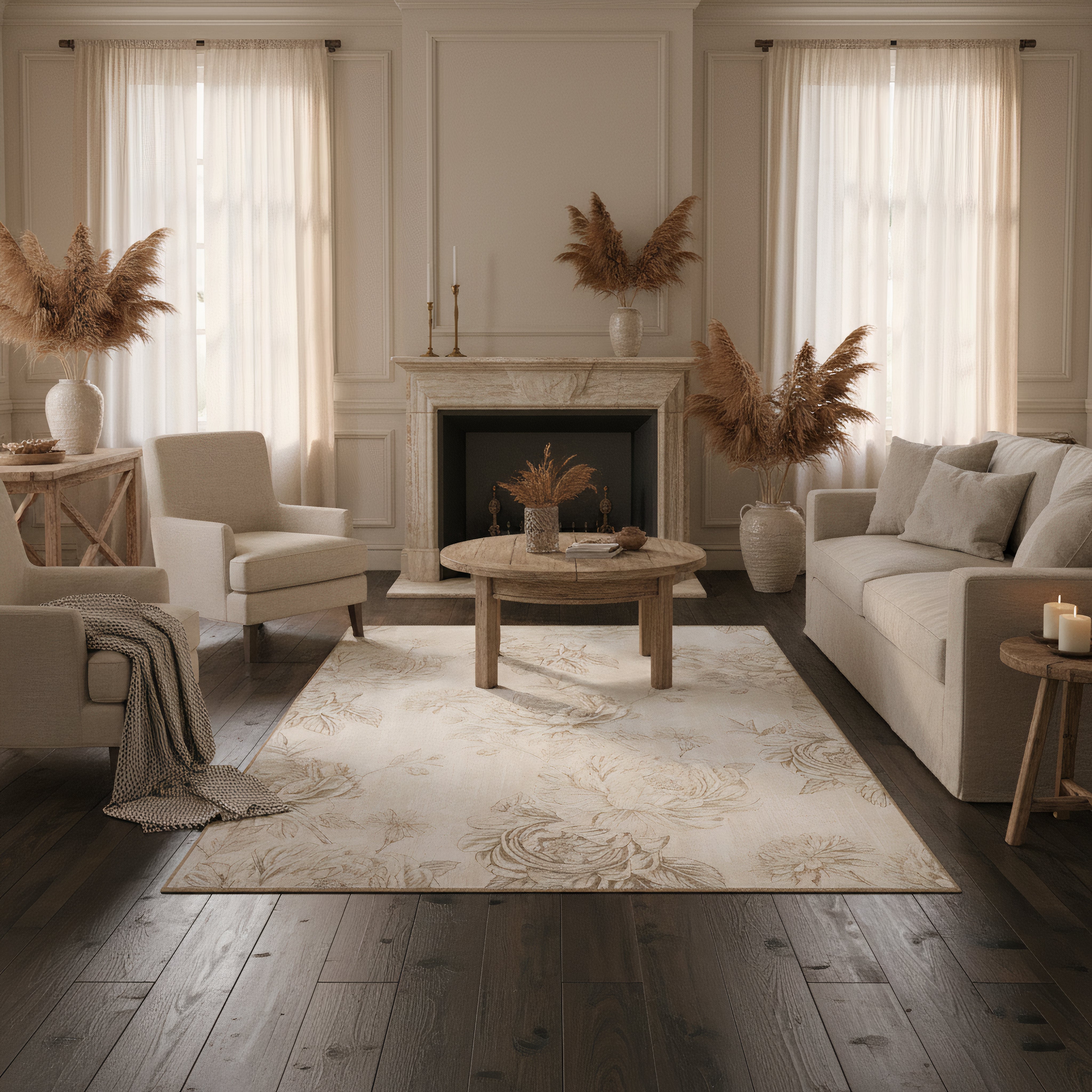 Eco-Washable Rug - Floral Beige