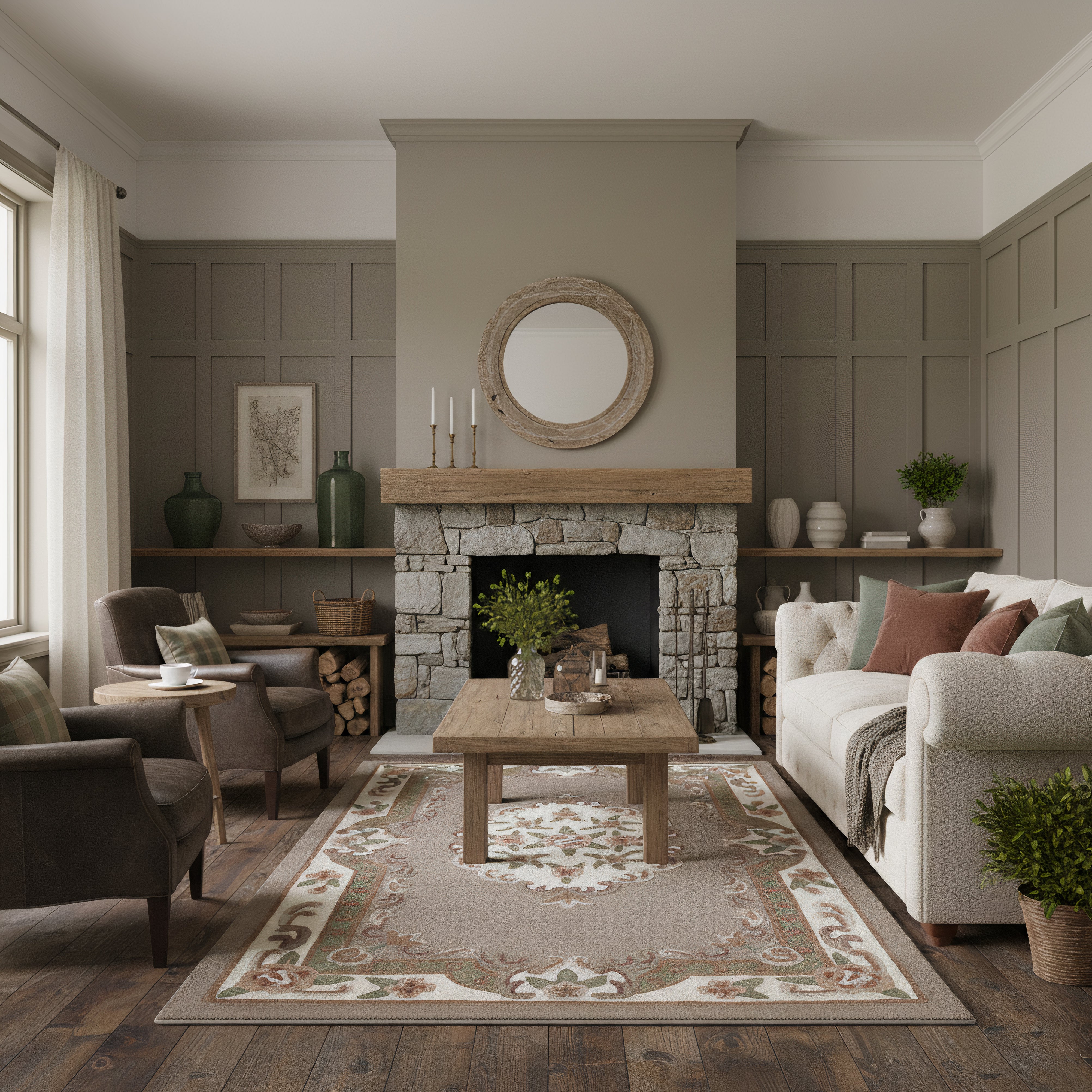 Motivo vintage - Tappeto in lana beige imbottito