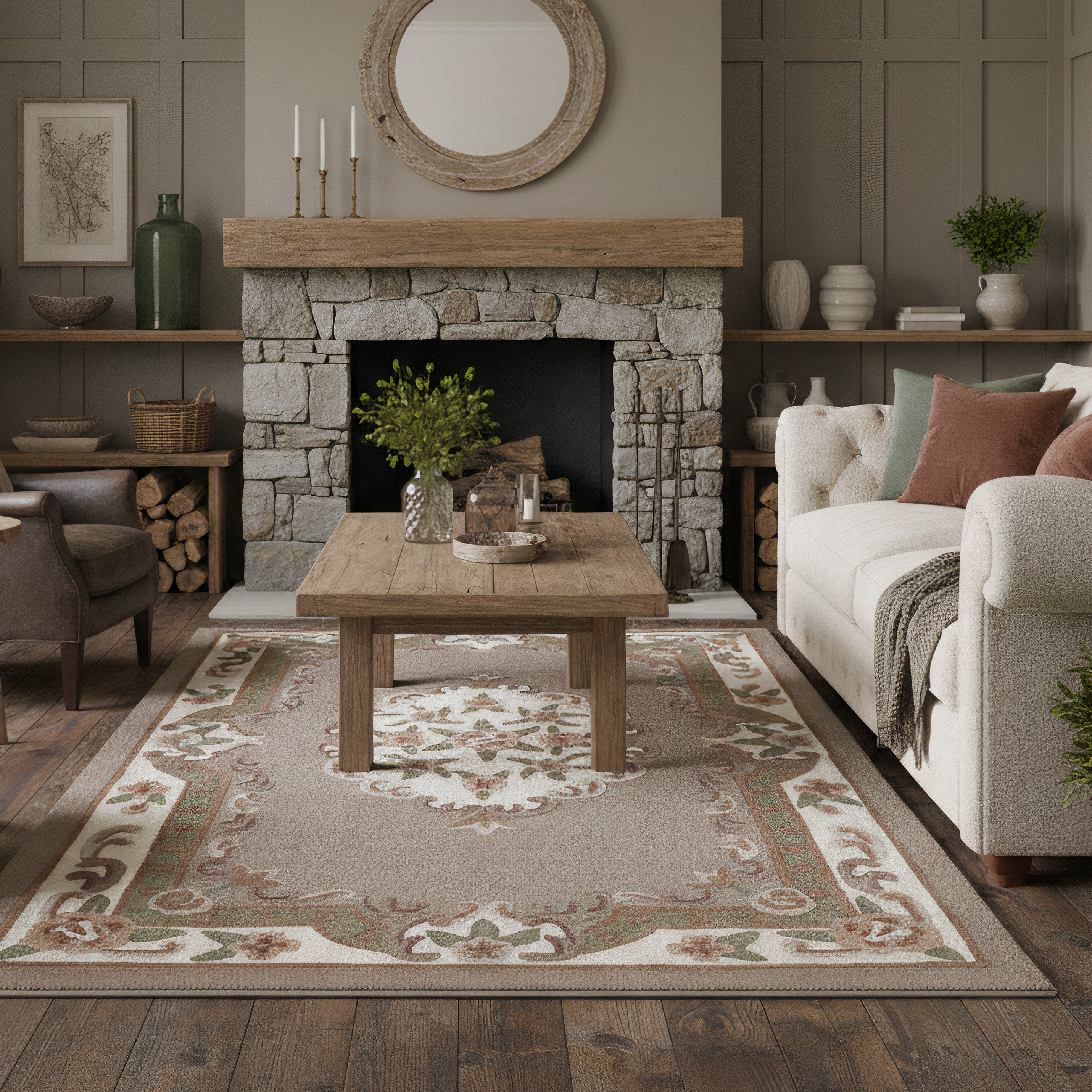 Motivo vintage - Tappeto in lana beige imbottito