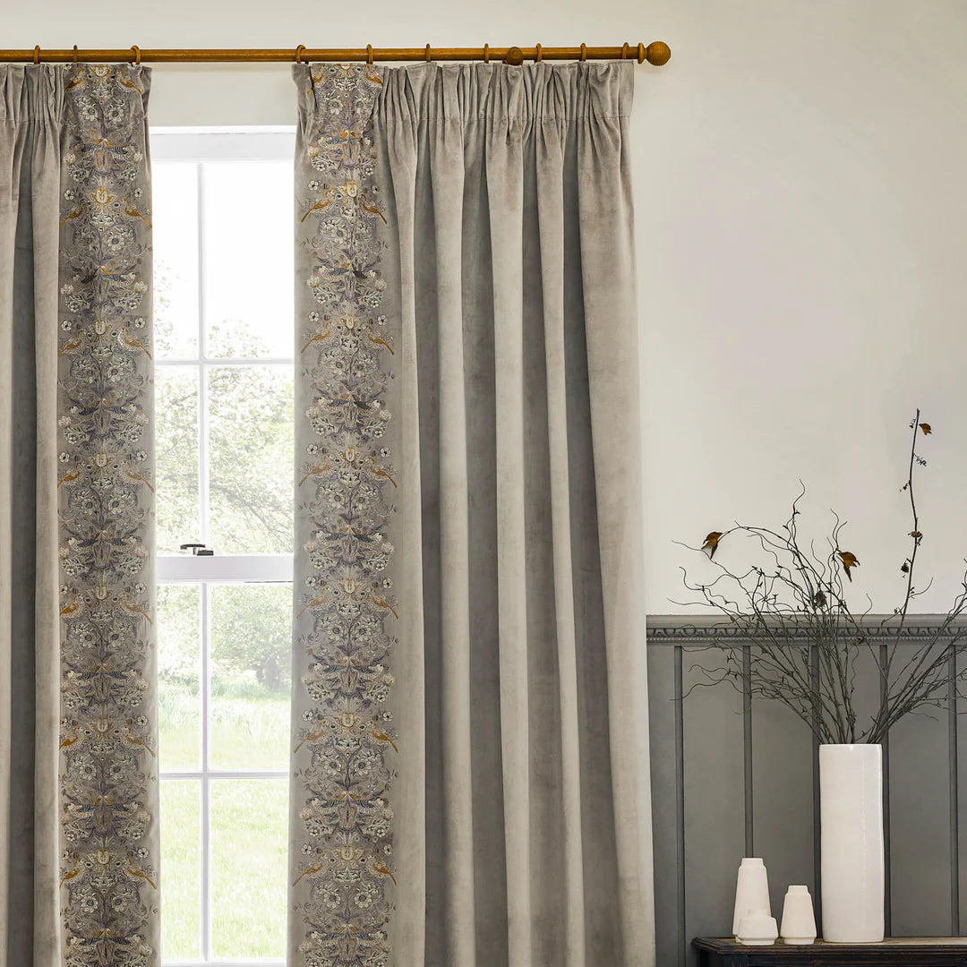 Strawberry Thief Embroidered Floral Velvet Pencil Pleat Curtains - Biscuit