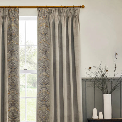 Strawberry Thief Embroidered Floral Velvet Pencil Pleat Curtains - Biscuit