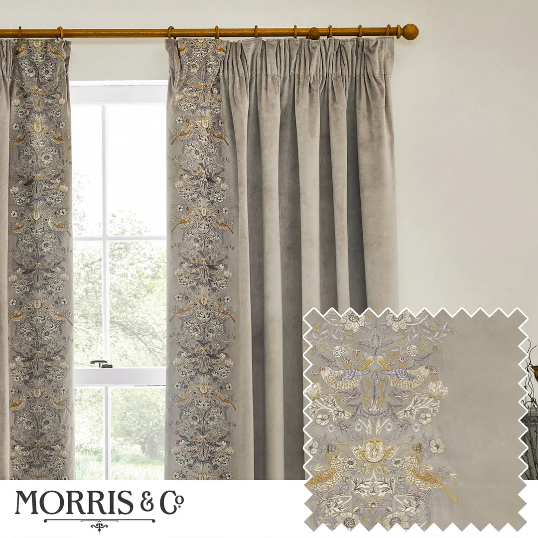 Strawberry Thief Embroidered Floral Velvet Pencil Pleat Curtains - Biscuit