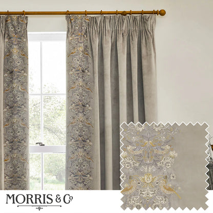 Strawberry Thief Embroidered Floral Velvet Pencil Pleat Curtains - Biscuit