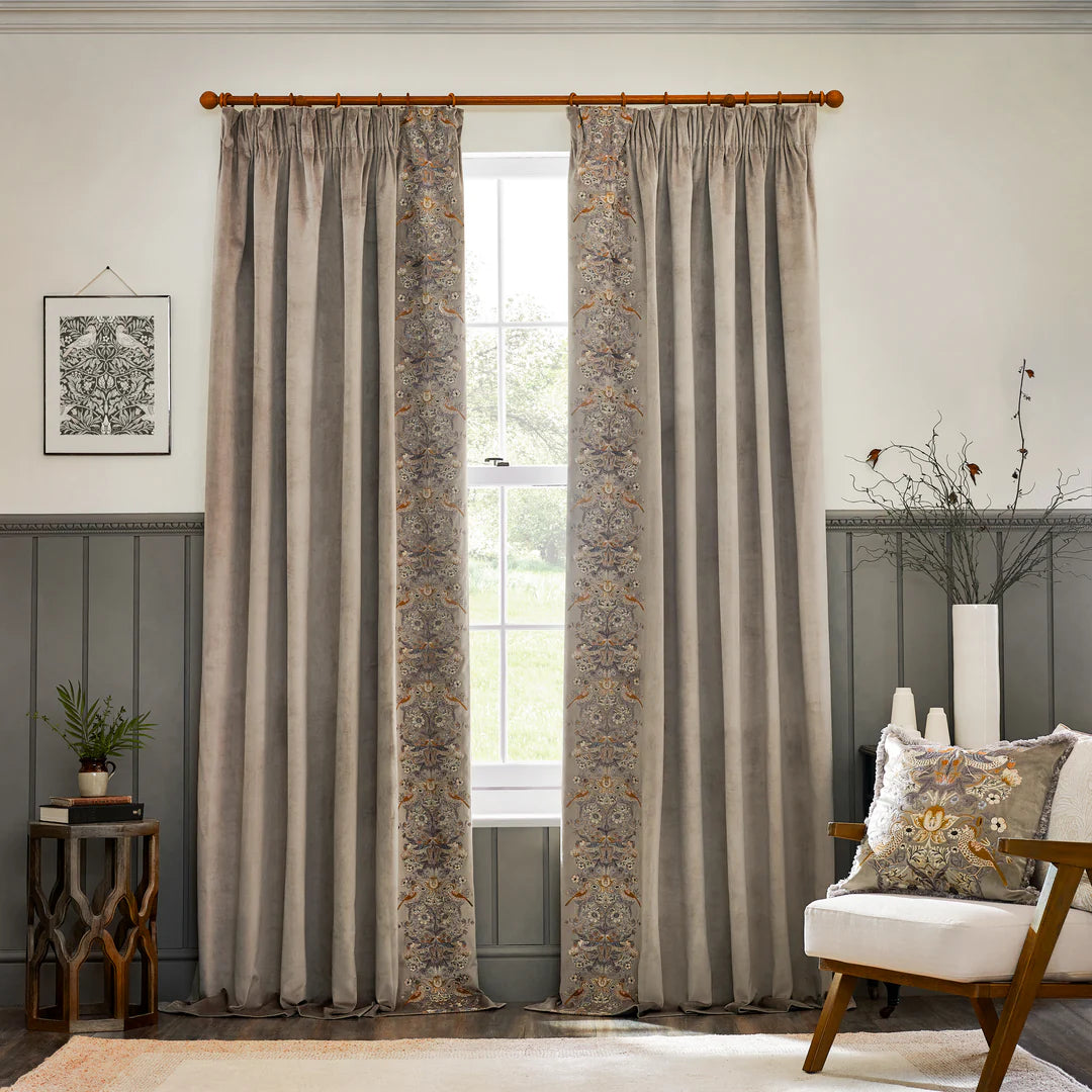 Strawberry Thief Embroidered Floral Velvet Pencil Pleat Curtains - Biscuit