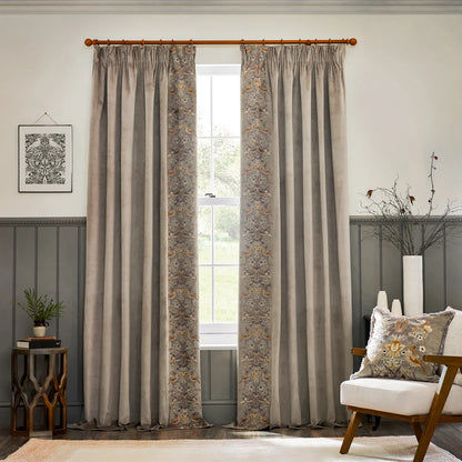 Strawberry Thief Embroidered Floral Velvet Pencil Pleat Curtains - Biscuit