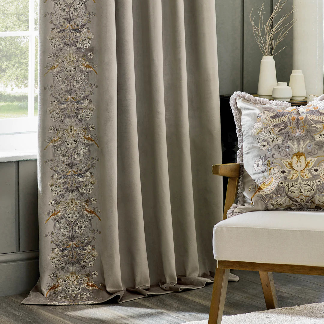 Strawberry Thief Embroidered Floral Velvet Pencil Pleat Curtains - Biscuit
