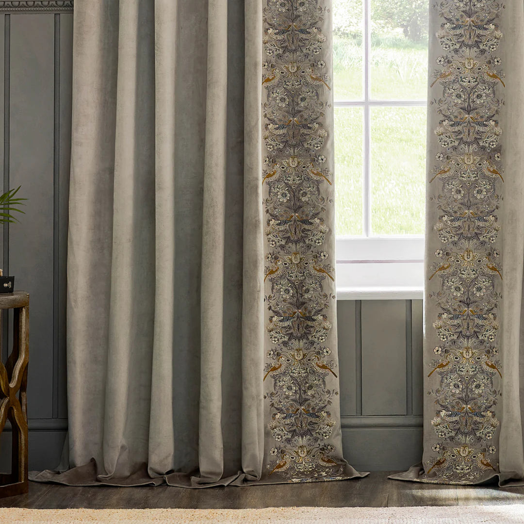 Strawberry Thief Embroidered Floral Velvet Pencil Pleat Curtains - Biscuit