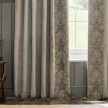 Strawberry Thief Embroidered Floral Velvet Pencil Pleat Curtains - Biscuit