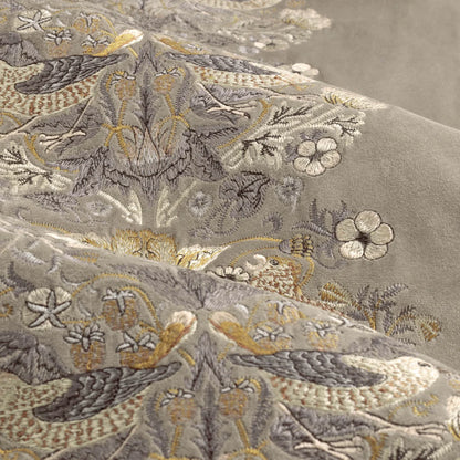 Strawberry Thief Embroidered Floral Velvet Pencil Pleat Curtains - Biscuit