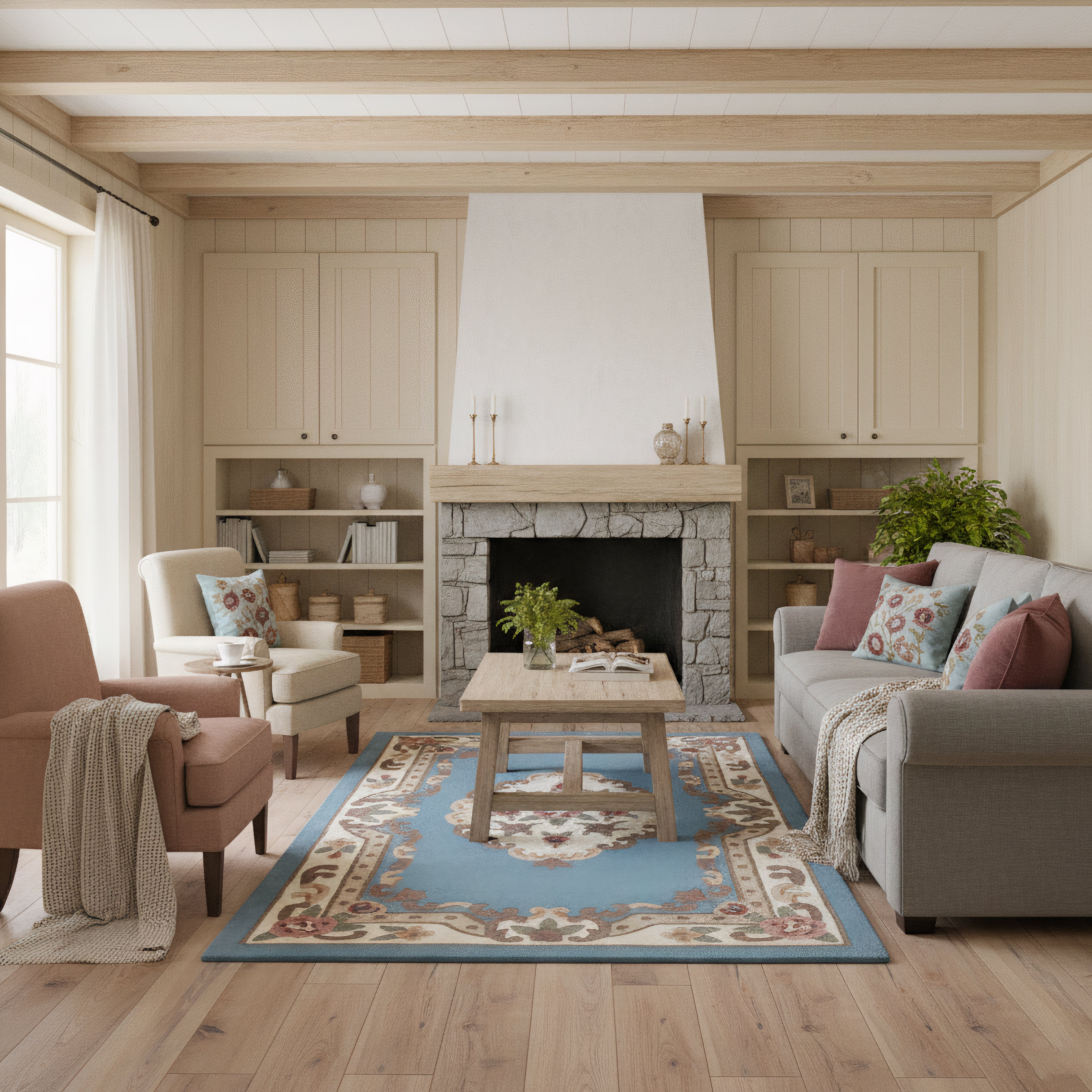 Motivo vintage - Tappeto in lana beige imbottito