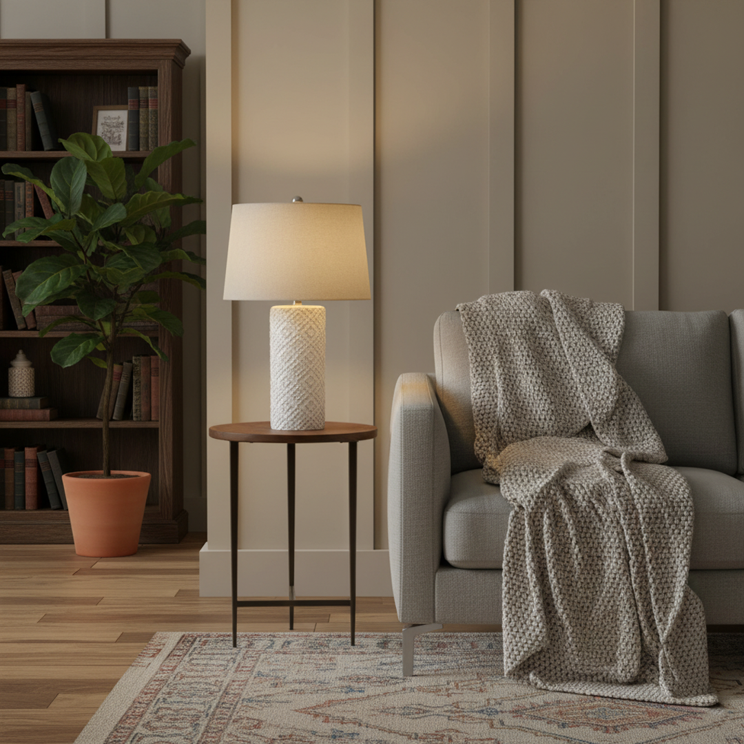 White Beaded Ceramic Lamp With Linen Lampshade