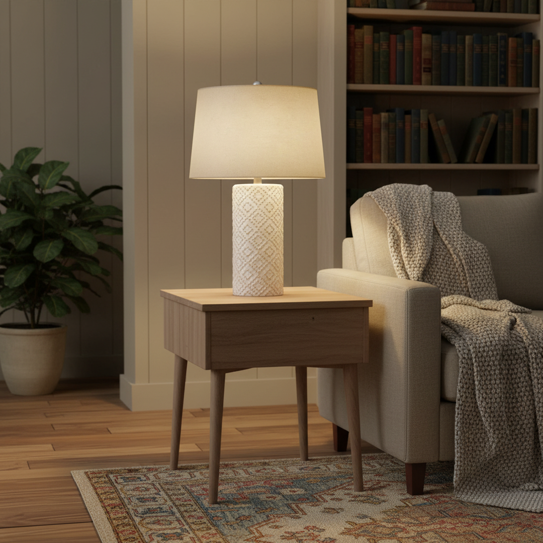 White Beaded Ceramic Lamp With Linen Lampshade