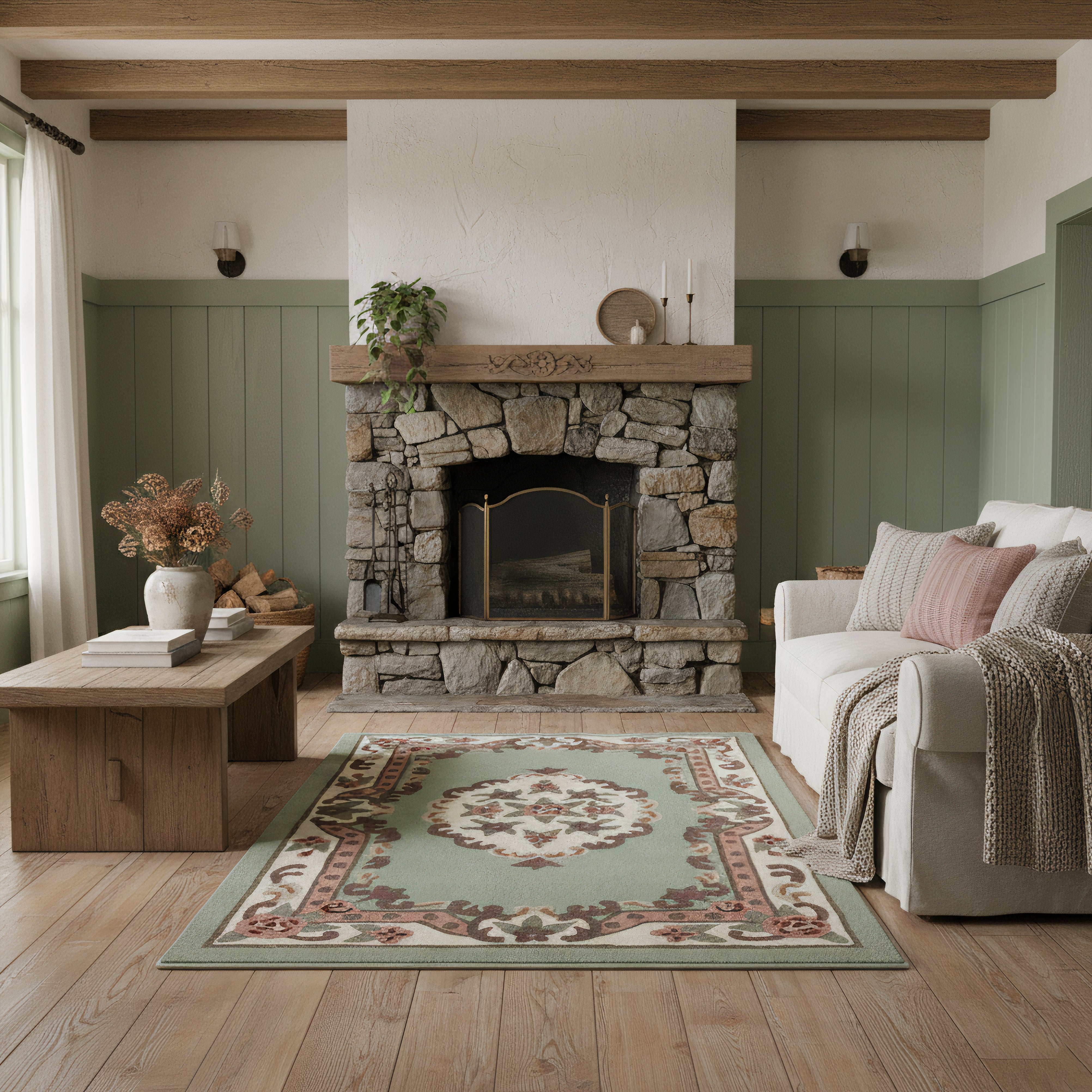 Motivo vintage - Tappeto in lana beige imbottito