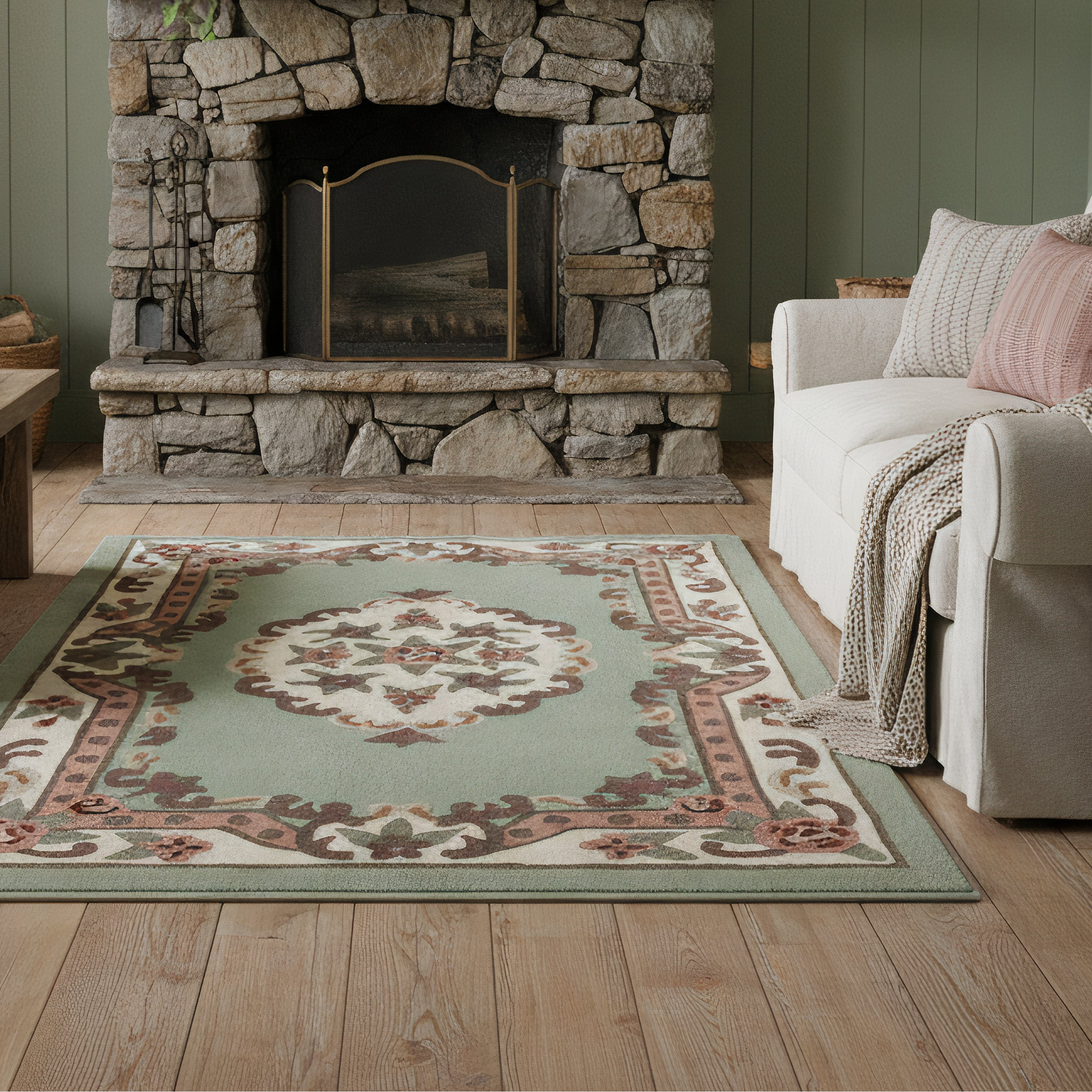 Motivo vintage - Tappeto in lana beige imbottito